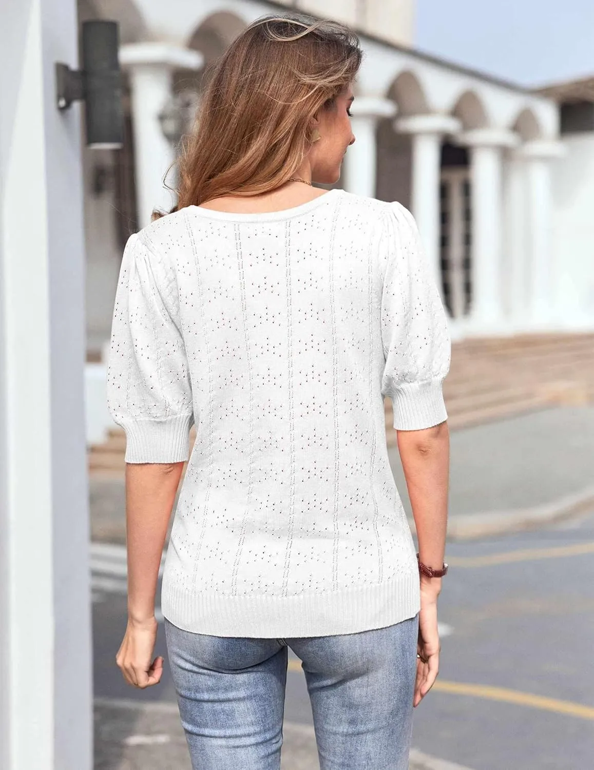 HOTOUCH Sweater for Women 2024 Fall Trendy Puff Tops Casual Eyelet Knit Square Neck Tunic Shirt Blouses S-XXL