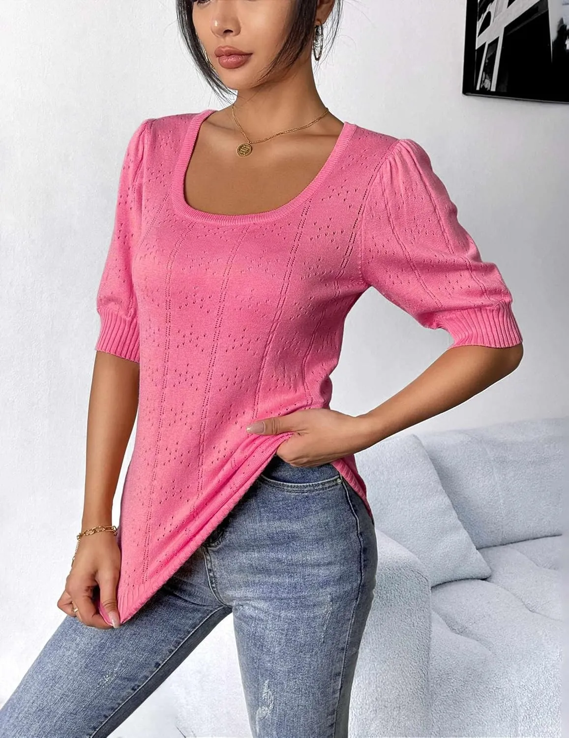 HOTOUCH Sweater for Women 2024 Fall Trendy Puff Tops Casual Eyelet Knit Square Neck Tunic Shirt Blouses S-XXL