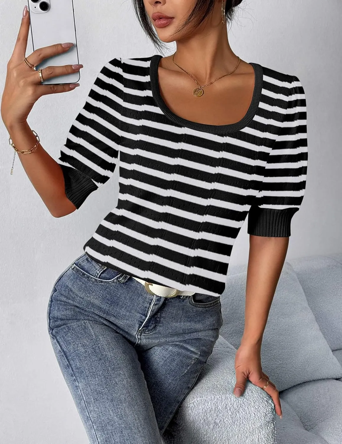 HOTOUCH Sweater for Women 2024 Fall Trendy Puff Tops Casual Eyelet Knit Square Neck Tunic Shirt Blouses S-XXL