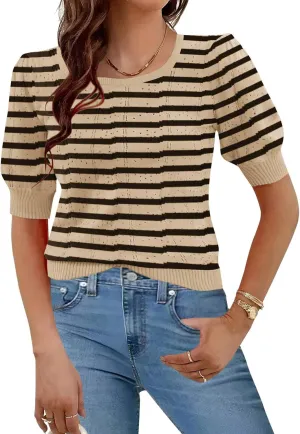 HOTOUCH Sweater for Women 2024 Fall Trendy Puff Tops Casual Eyelet Knit Square Neck Tunic Shirt Blouses S-XXL