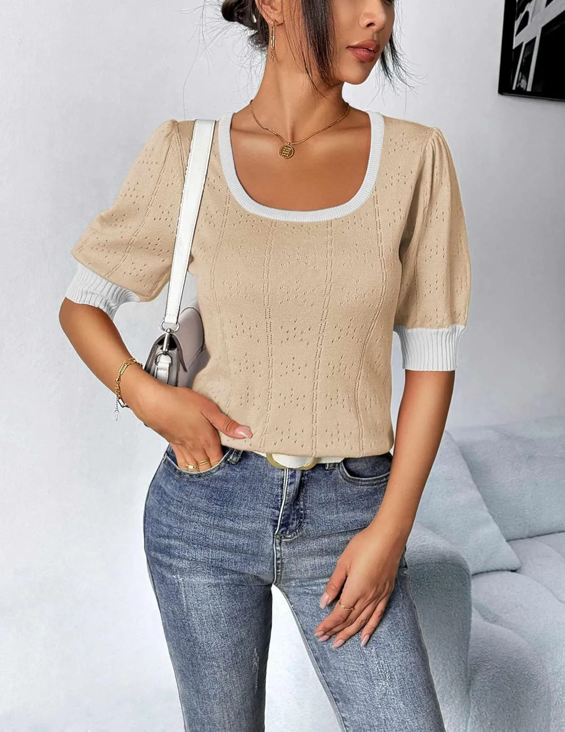 HOTOUCH Sweater for Women 2024 Fall Trendy Puff Tops Casual Eyelet Knit Square Neck Tunic Shirt Blouses S-XXL