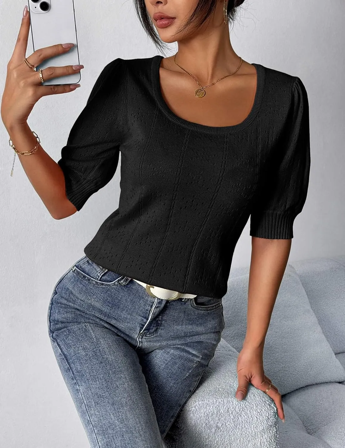HOTOUCH Sweater for Women 2024 Fall Trendy Puff Tops Casual Eyelet Knit Square Neck Tunic Shirt Blouses S-XXL