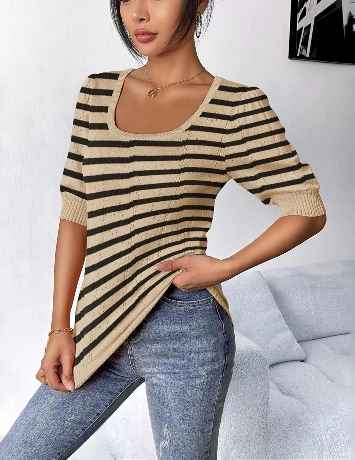 HOTOUCH Sweater for Women 2024 Fall Trendy Puff Tops Casual Eyelet Knit Square Neck Tunic Shirt Blouses S-XXL