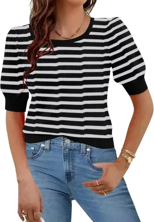 HOTOUCH Sweater for Women 2024 Fall Trendy Puff Tops Casual Eyelet Knit Square Neck Tunic Shirt Blouses S-XXL