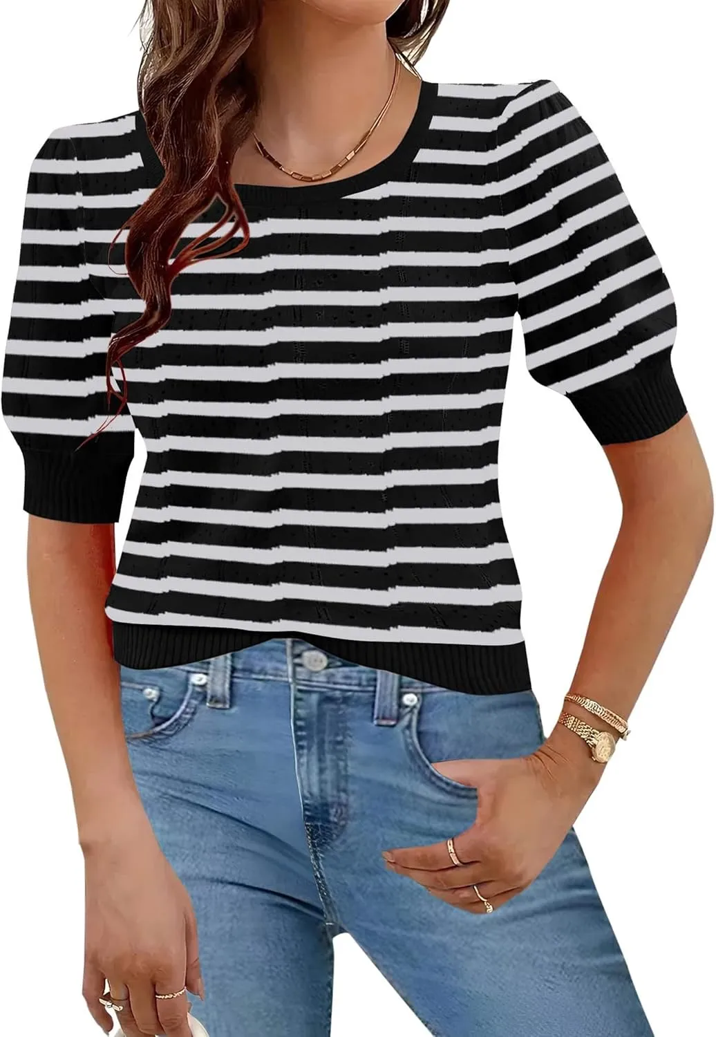 HOTOUCH Sweater for Women 2024 Fall Trendy Puff Tops Casual Eyelet Knit Square Neck Tunic Shirt Blouses S-XXL