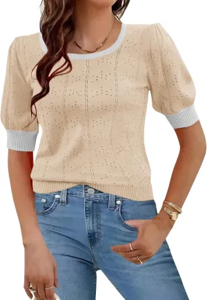 HOTOUCH Sweater for Women 2024 Fall Trendy Puff Tops Casual Eyelet Knit Square Neck Tunic Shirt Blouses S-XXL