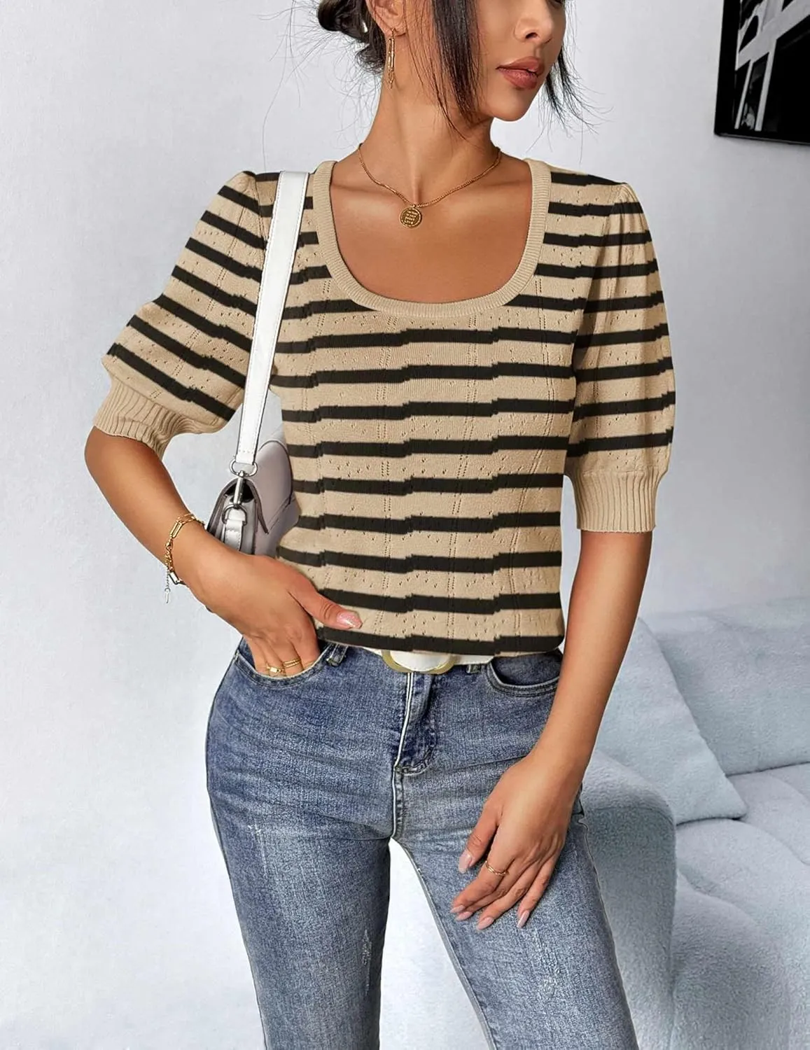 HOTOUCH Sweater for Women 2024 Fall Trendy Puff Tops Casual Eyelet Knit Square Neck Tunic Shirt Blouses S-XXL