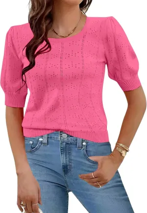 HOTOUCH Sweater for Women 2024 Fall Trendy Puff Tops Casual Eyelet Knit Square Neck Tunic Shirt Blouses S-XXL