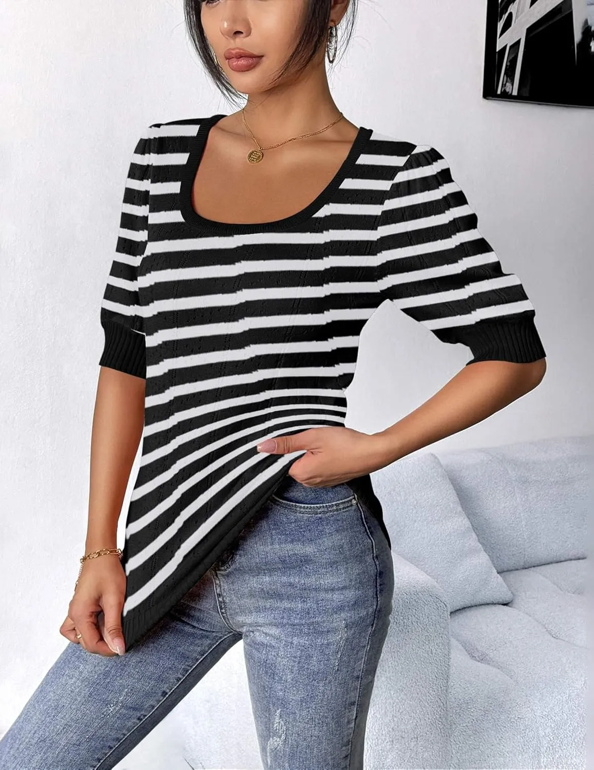 HOTOUCH Sweater for Women 2024 Fall Trendy Puff Tops Casual Eyelet Knit Square Neck Tunic Shirt Blouses S-XXL