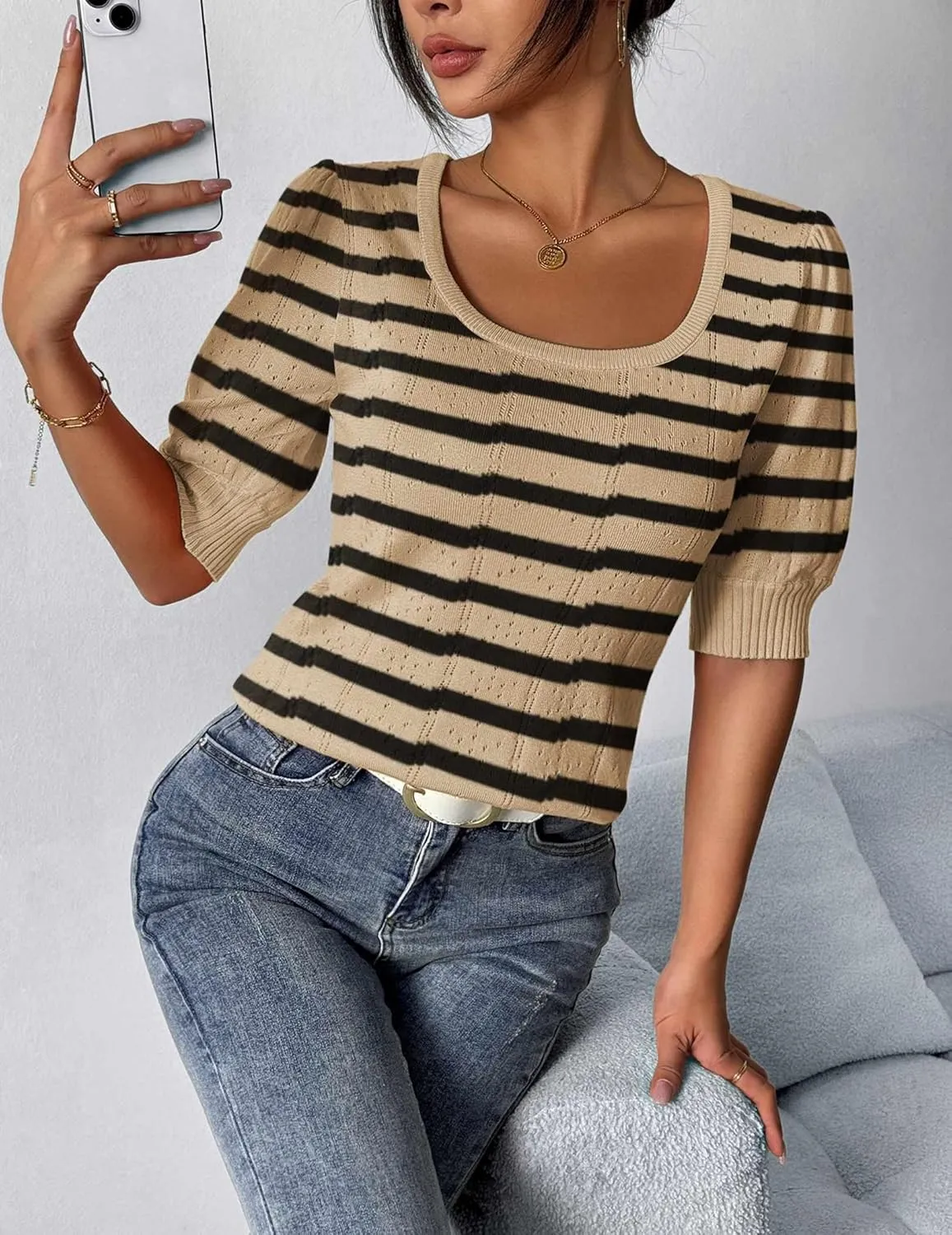 HOTOUCH Sweater for Women 2024 Fall Trendy Puff Tops Casual Eyelet Knit Square Neck Tunic Shirt Blouses S-XXL