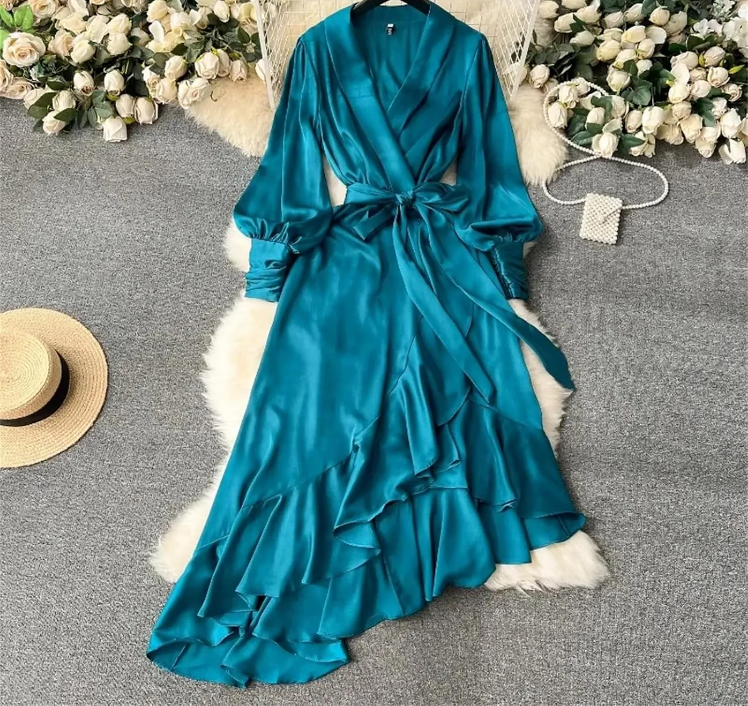 Irregular Long Dresses Solid Office Lady Ruffles Elegant Spring Fashion Women Dress