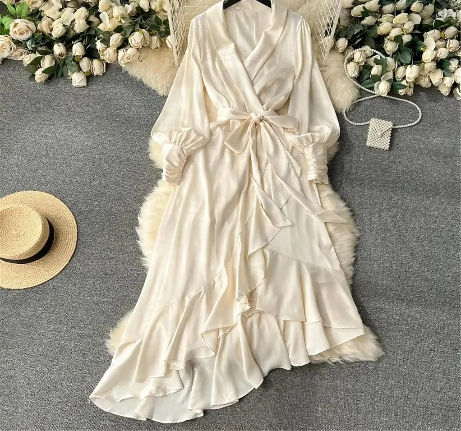 Irregular Long Dresses Solid Office Lady Ruffles Elegant Spring Fashion Women Dress