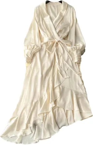 Irregular Long Dresses Solid Office Lady Ruffles Elegant Spring Fashion Women Dress