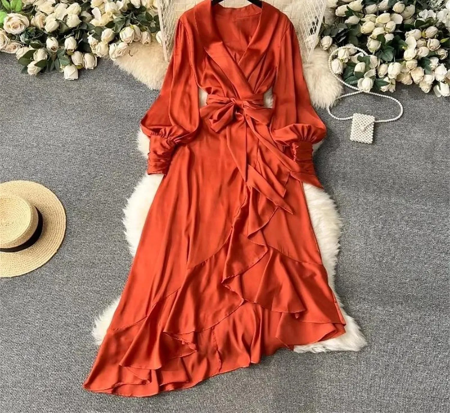 Irregular Long Dresses Solid Office Lady Ruffles Elegant Spring Fashion Women Dress