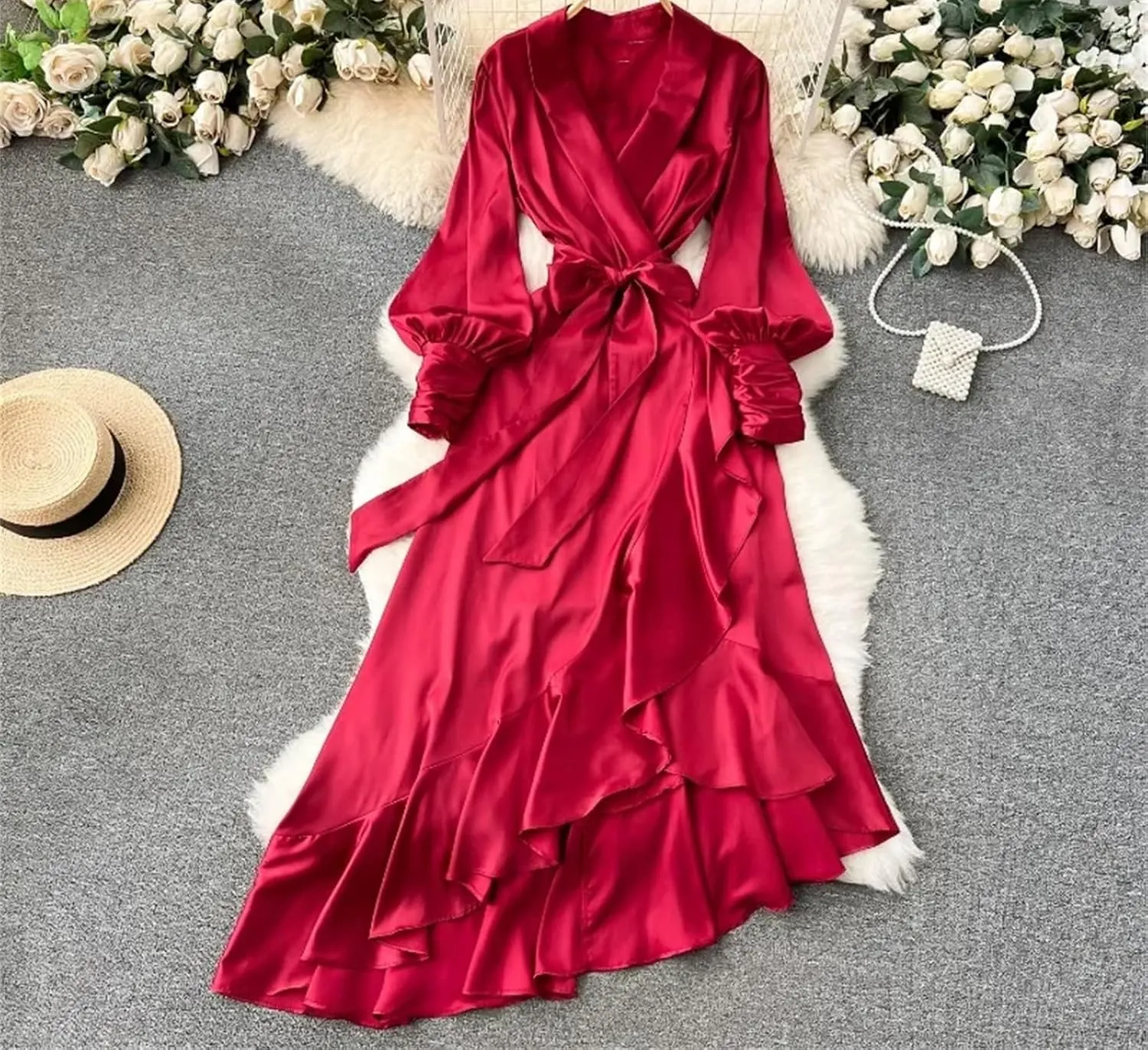 Irregular Long Dresses Solid Office Lady Ruffles Elegant Spring Fashion Women Dress