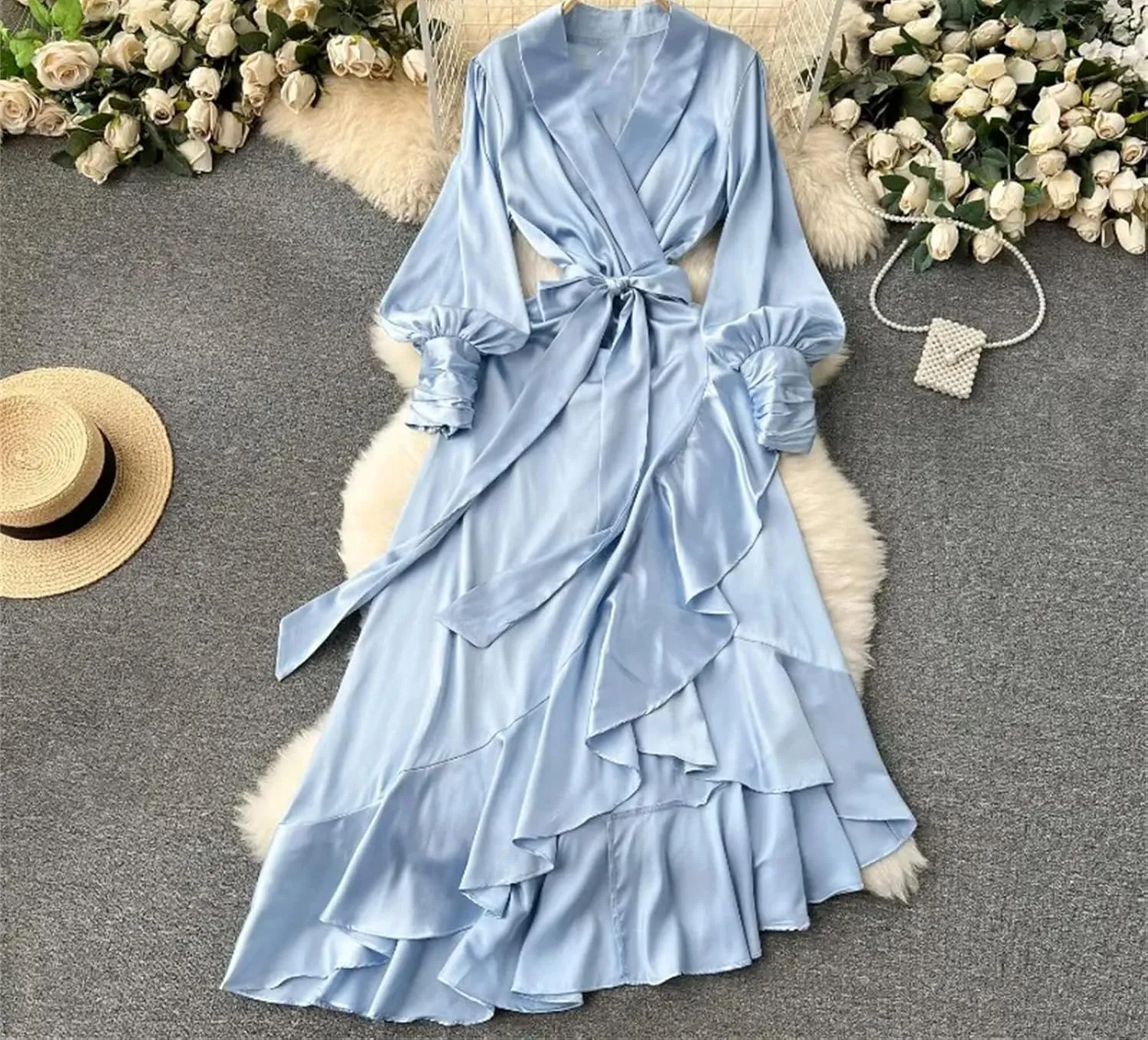 Irregular Long Dresses Solid Office Lady Ruffles Elegant Spring Fashion Women Dress