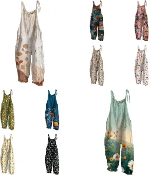 Jumpsuits for Women Casual Cotton Linen Loose Halter Baggy Floral Women's Jumpsuits, Rompers & Overalls