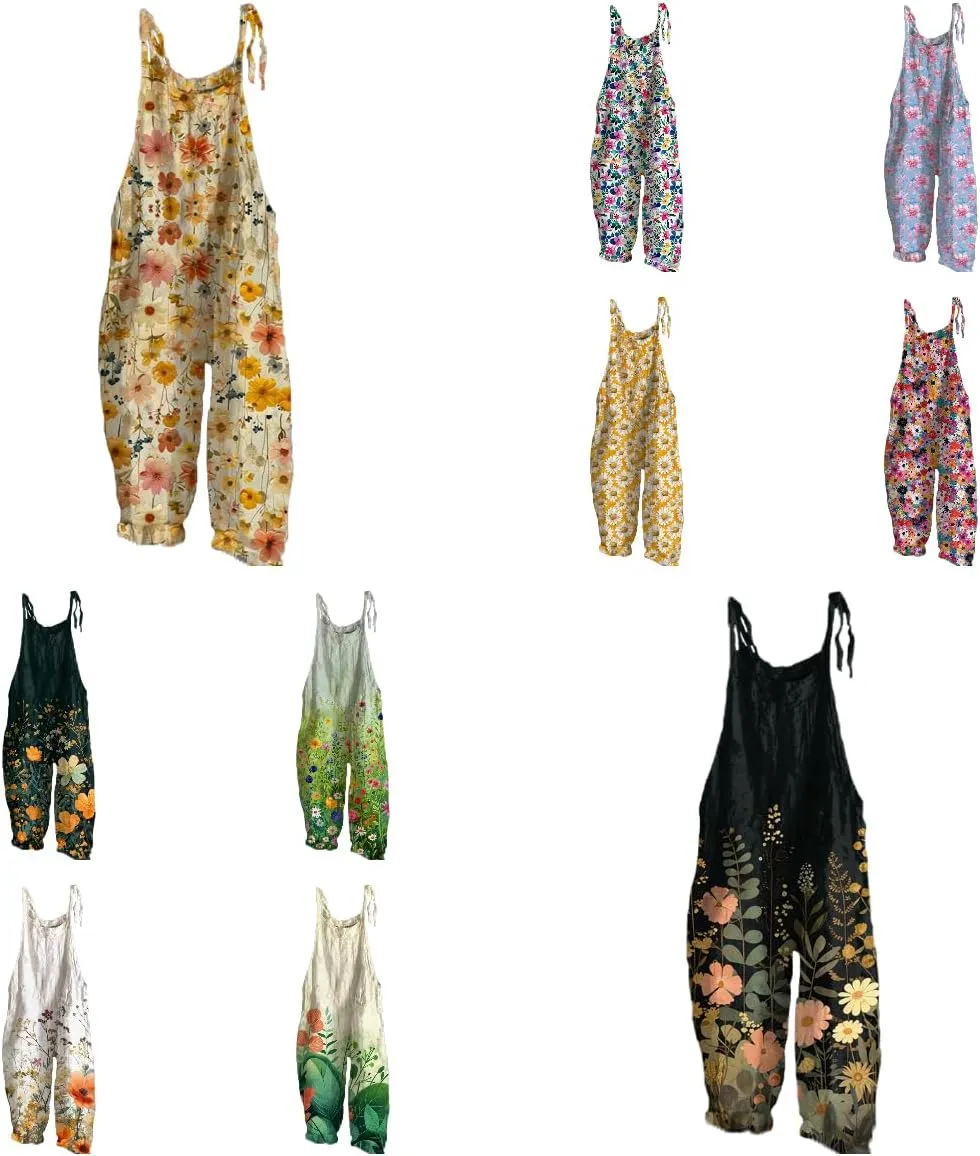 Jumpsuits for Women Casual Cotton Linen Loose Halter Baggy Floral Women's Jumpsuits, Rompers & Overalls