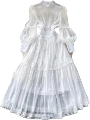 Lace Embroidery Hollow Out Splice Organza Evening Dress Women's Stand Long Puff Sleeve Party Dress