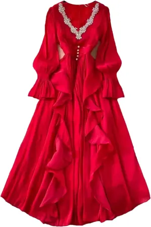 Lady High Waist French Style Elegant Dress V Neck Slim Waist Robe