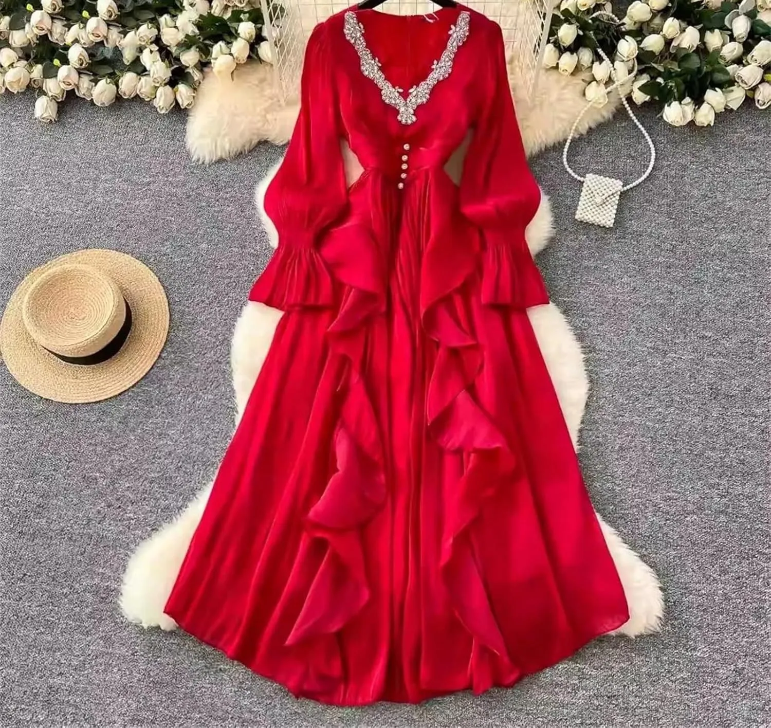 Lady High Waist French Style Elegant Dress V Neck Slim Waist Robe