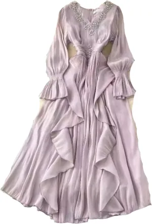 Lady High Waist French Style Elegant Dress V Neck Slim Waist Robe