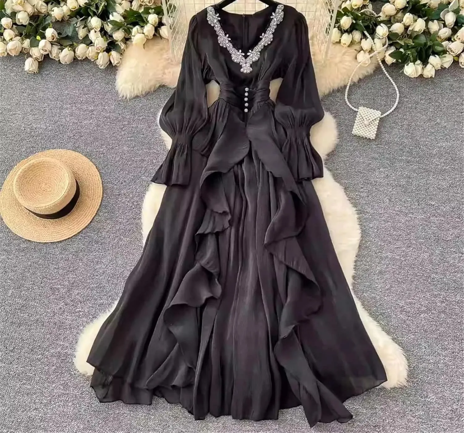 Lady High Waist French Style Elegant Dress V Neck Slim Waist Robe