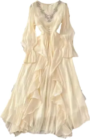Lady High Waist French Style Elegant Dress V Neck Slim Waist Robe