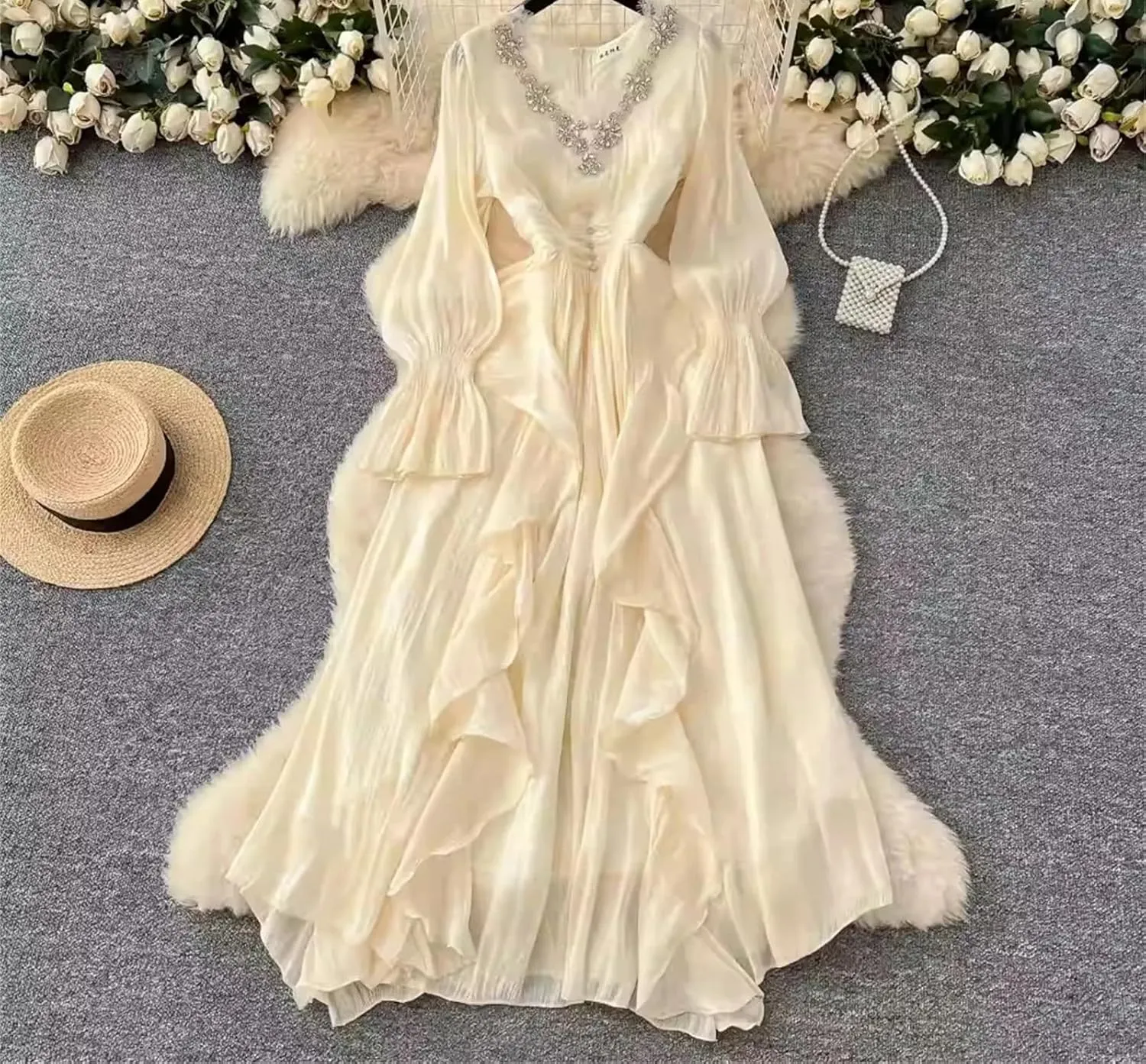 Lady High Waist French Style Elegant Dress V Neck Slim Waist Robe