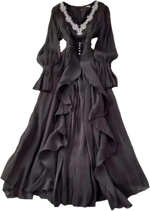 Lady High Waist French Style Elegant Dress V Neck Slim Waist Robe