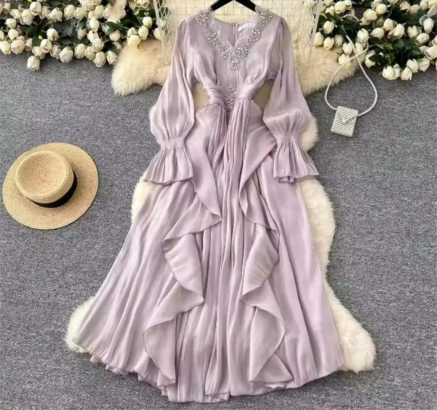 Lady High Waist French Style Elegant Dress V Neck Slim Waist Robe