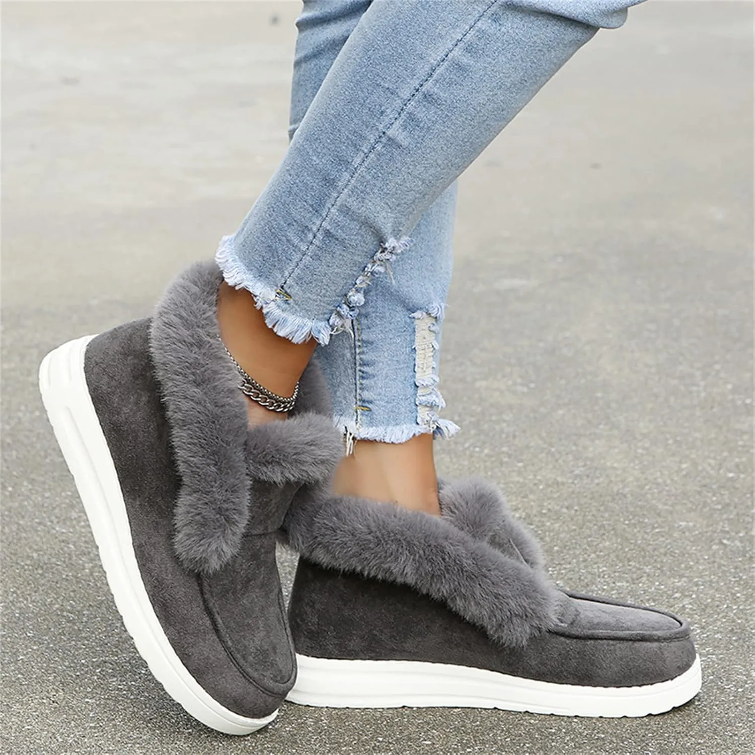 Lausiuoe Cute Winter Boots For Women Fashion Warm Fur Lined Snow Boots Outdoor Ankle Booties Casual Fuzzy Loafers Shoes 2024
