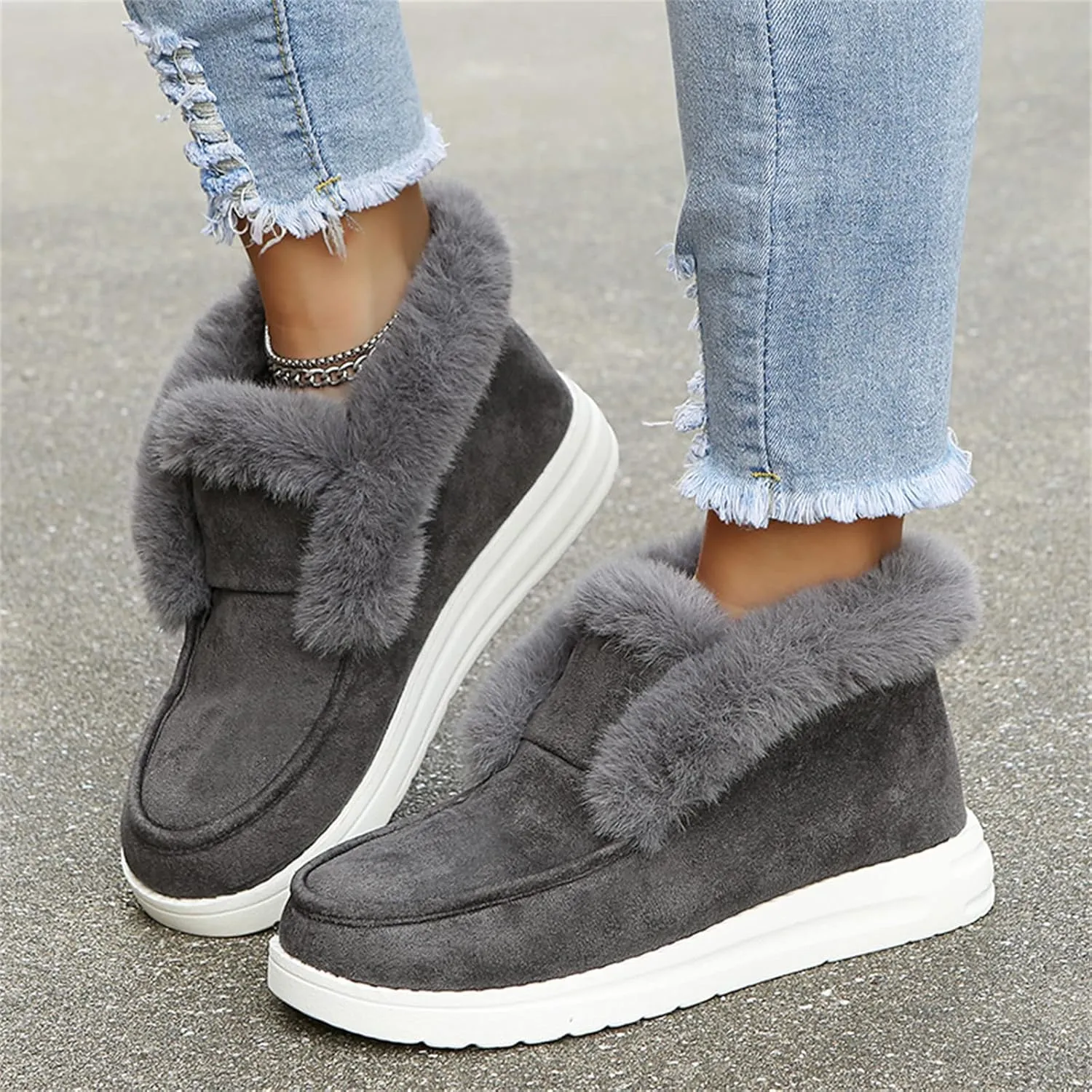 Lausiuoe Cute Winter Boots For Women Fashion Warm Fur Lined Snow Boots Outdoor Ankle Booties Casual Fuzzy Loafers Shoes 2024
