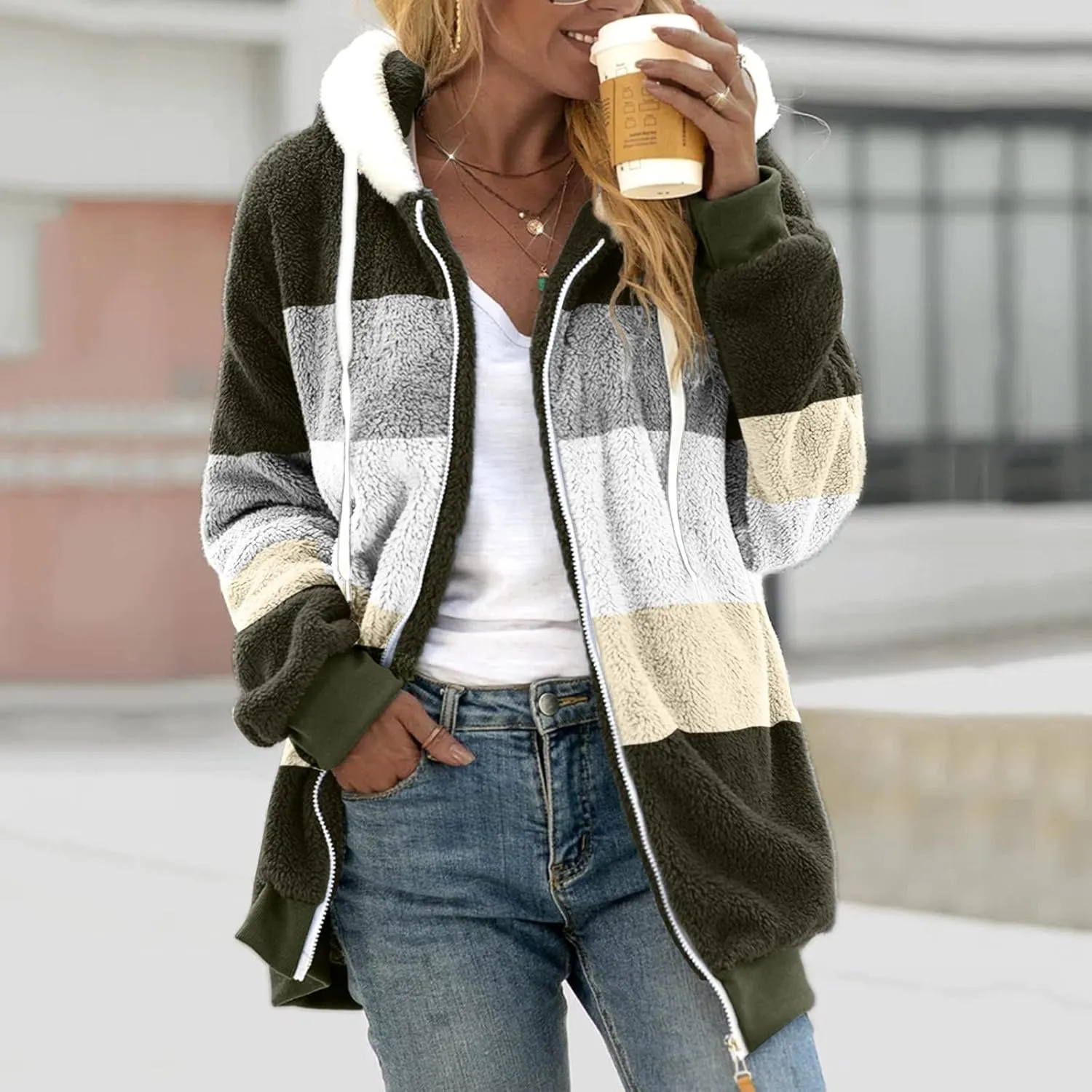 LCMTWX Women's 2023 Fashion Winter Coat Warm Trendy Color Block Winter Drawstring Hoodie Snow Coat Jacket Womens Winter