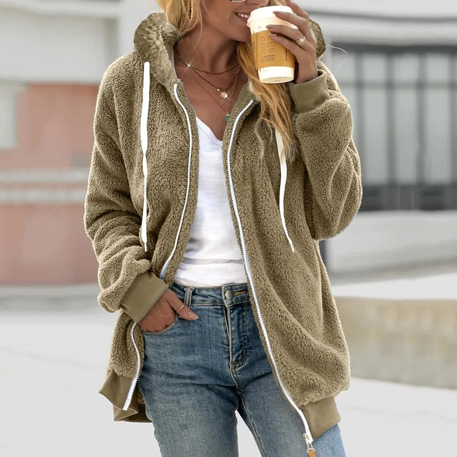 LCMTWX Womens 2023 Winter Fuzzy Fleece Jacket Artificial Wool Zipper Drawstring Solid Oversized Fuzzy Fleece Fluffy Fall