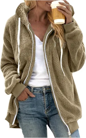 LCMTWX Womens 2023 Winter Fuzzy Fleece Jacket Artificial Wool Zipper Drawstring Solid Oversized Fuzzy Fleece Fluffy Fall