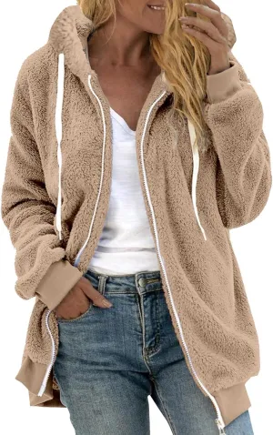 LCMTWX Womens 2023 Winter Fuzzy Fleece Jacket Hooded Pullover Warm Wool Plush Coat Zipper Solid Oversized Fuzzy Fleece