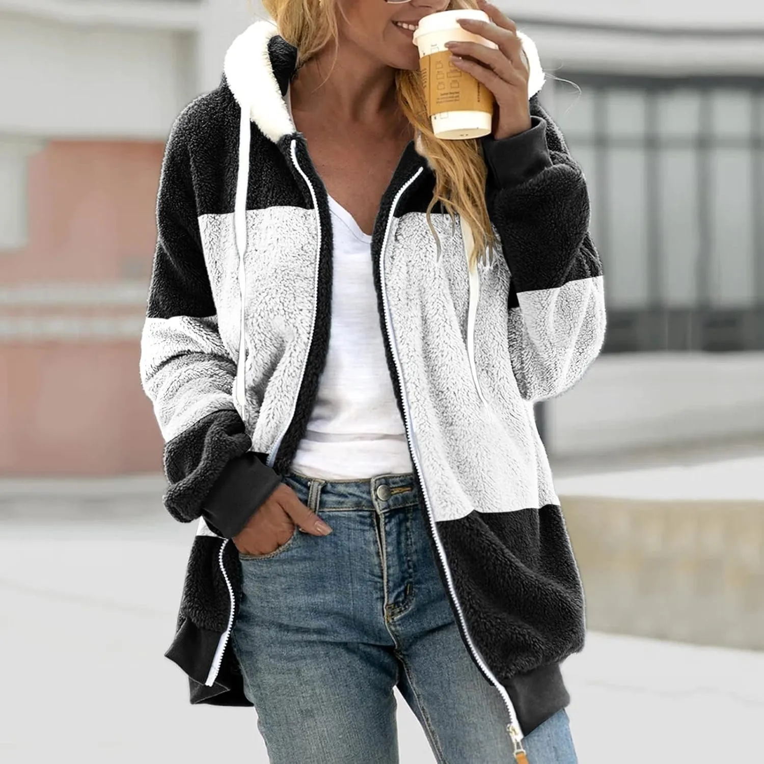 LCMTWX Womens Fuzzy Fleece Jacket Solid Color Artificial Wool Zipper Drawstring Long-Sleeved Hoodie Outerwear with