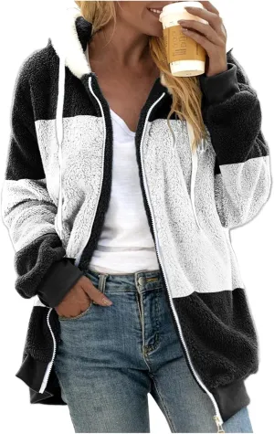 LCMTWX Womens Fuzzy Fleece Jacket Solid Color Artificial Wool Zipper Drawstring Long-Sleeved Hoodie Outerwear with