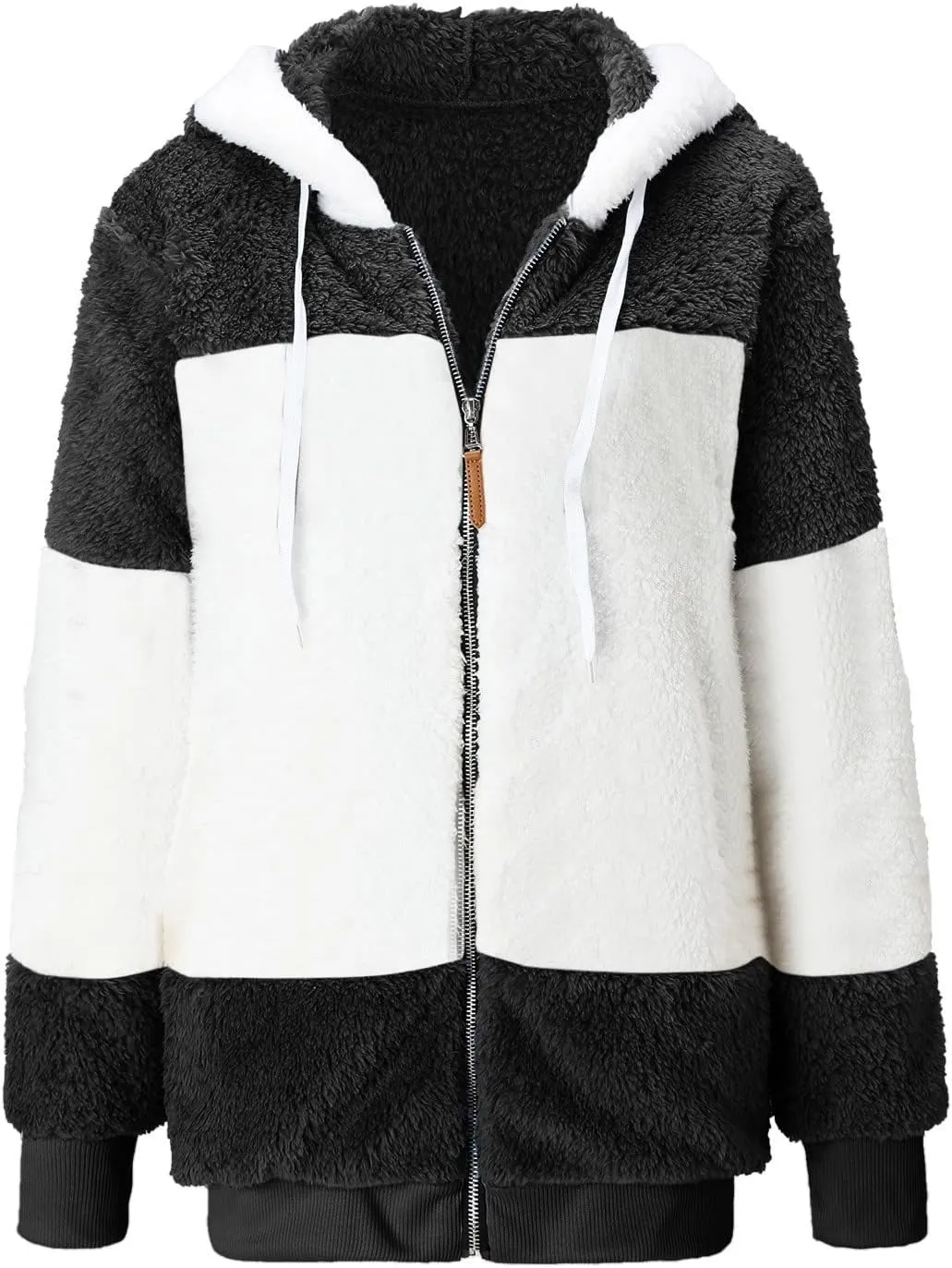 LCMTWX Womens Fuzzy Fleece Jacket Solid Color Artificial Wool Zipper Drawstring Long-Sleeved Hoodie Outerwear with