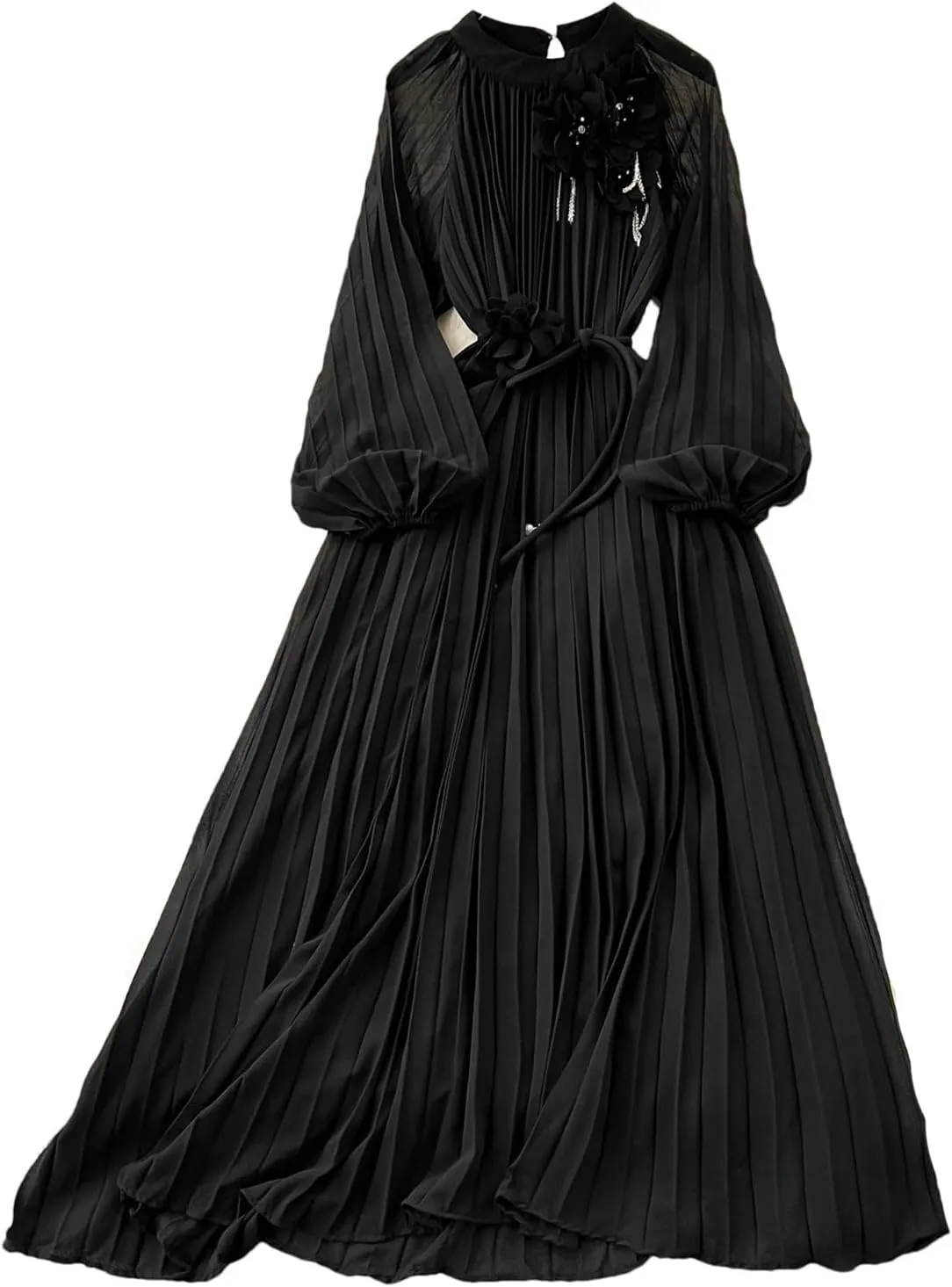 Long Sleeve Hollow Out Ruffle A-Line Vintage Dress Elegant High Waist Korean Fashion Dress