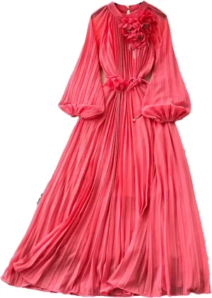 Long Sleeve Hollow Out Ruffle A-Line Vintage Dress Elegant High Waist Korean Fashion Dress