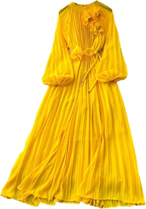 Long Sleeve Hollow Out Ruffle A-Line Vintage Dress Elegant High Waist Korean Fashion Dress
