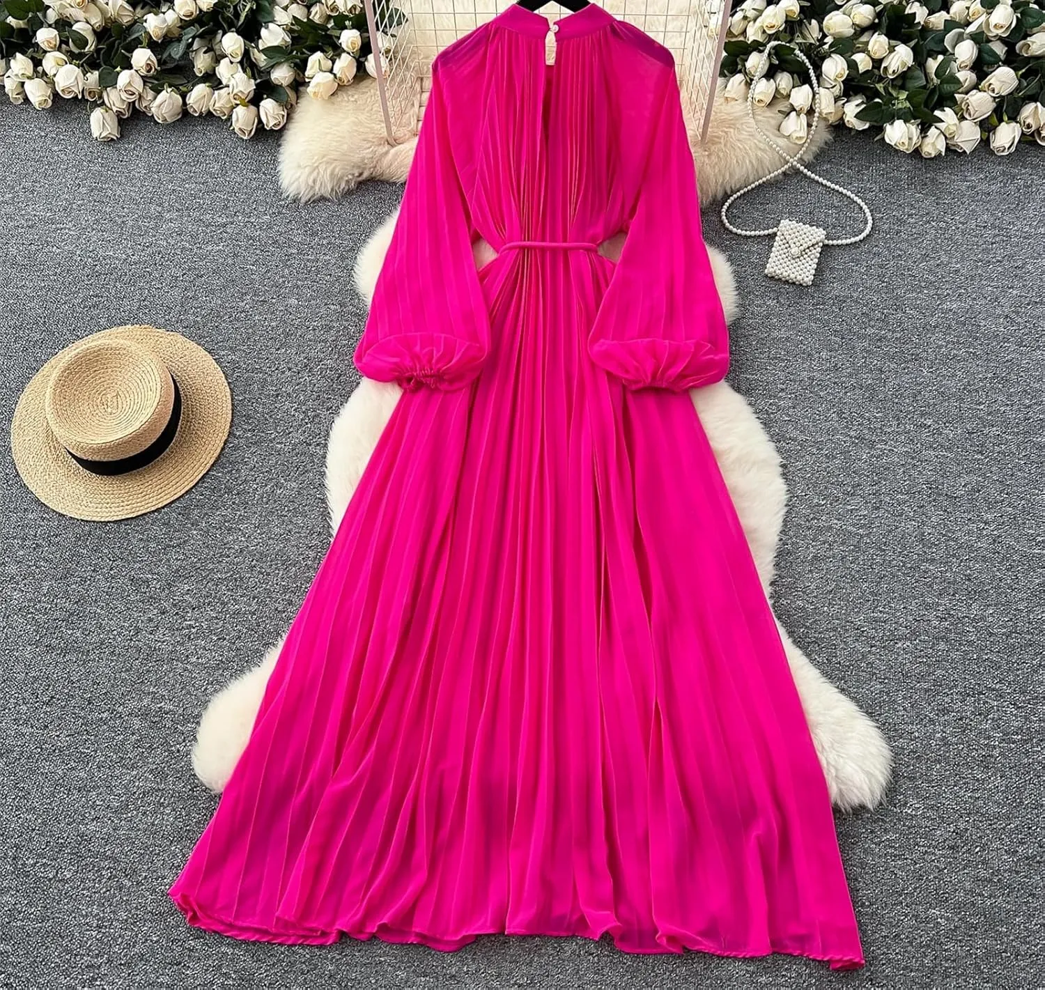 Long Sleeve Hollow Out Ruffle A-Line Vintage Dress Elegant High Waist Korean Fashion Dress