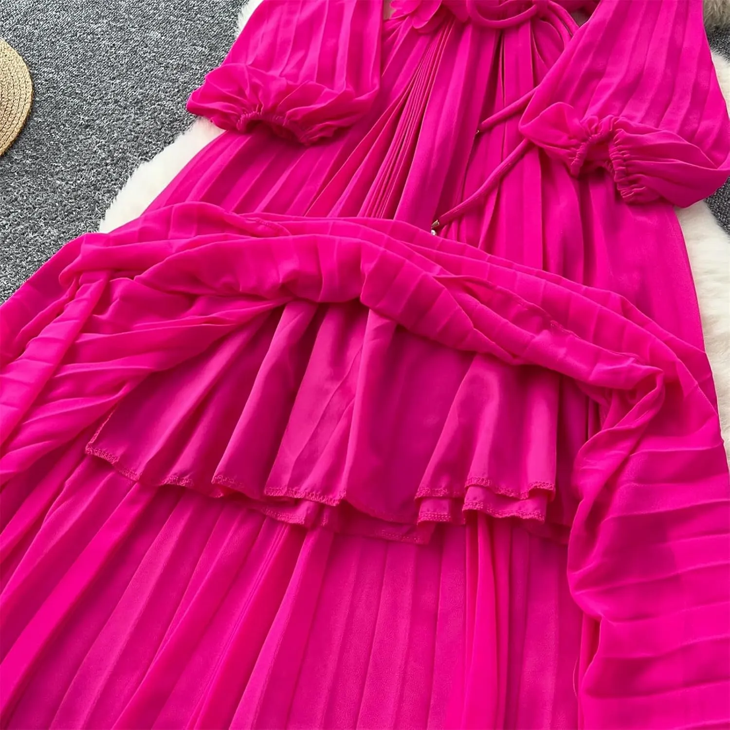 Long Sleeve Hollow Out Ruffle A-Line Vintage Dress Elegant High Waist Korean Fashion Dress