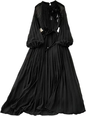 Long Sleeve Hollow Out Ruffle A-Line Vintage Dress Elegant High Waist Korean Fashion Dress