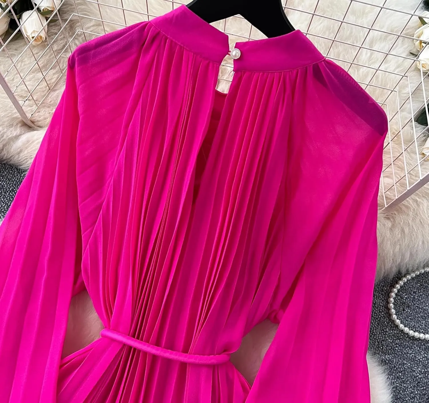 Long Sleeve Hollow Out Ruffle A-Line Vintage Dress Elegant High Waist Korean Fashion Dress