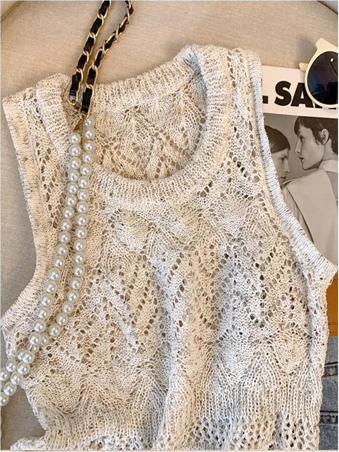 MakeMeChic Women's Crochet Crew Neck Sweater Vest Sleeveless Knit Pullover Top