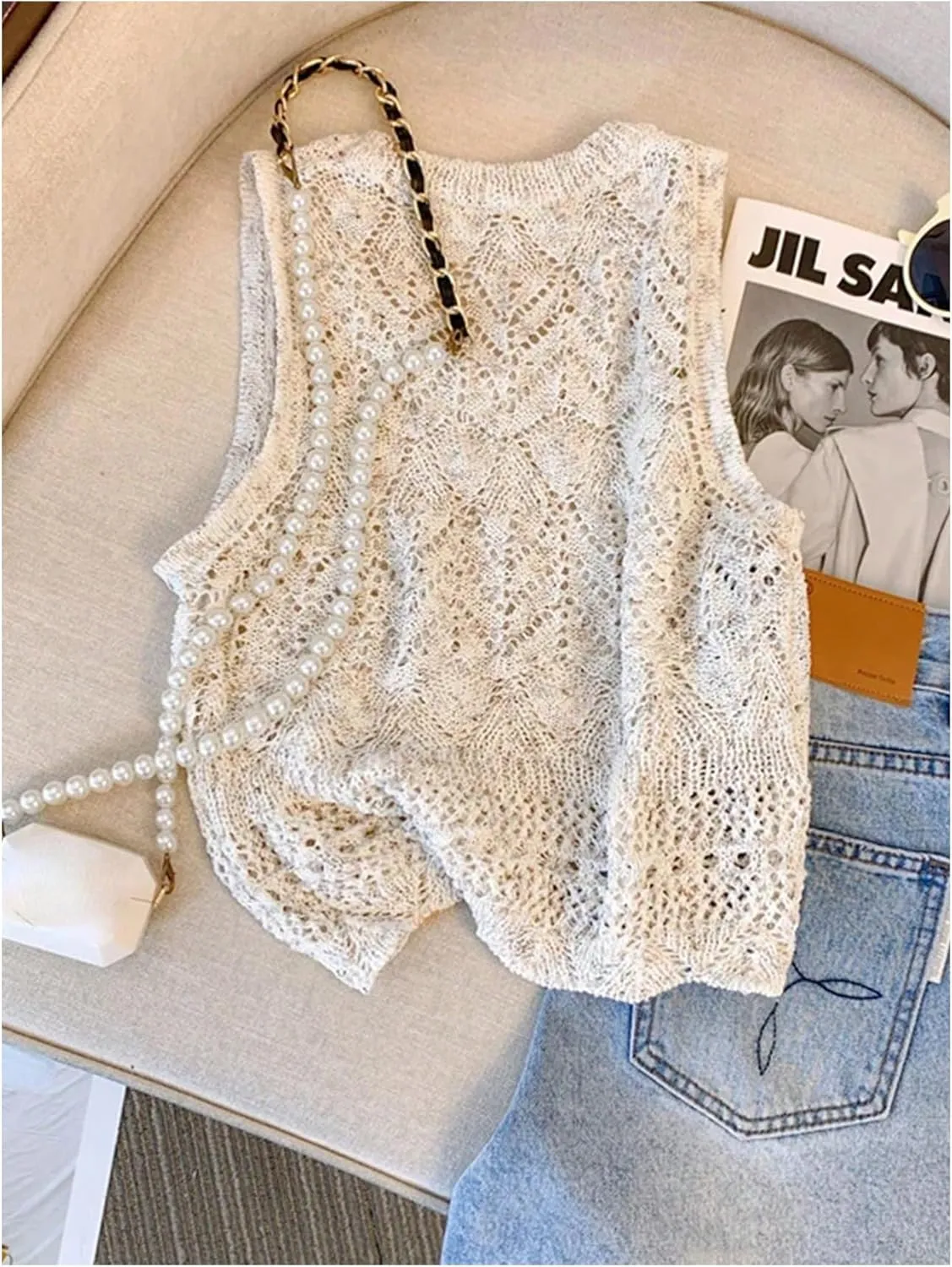 MakeMeChic Women's Crochet Crew Neck Sweater Vest Sleeveless Knit Pullover Top