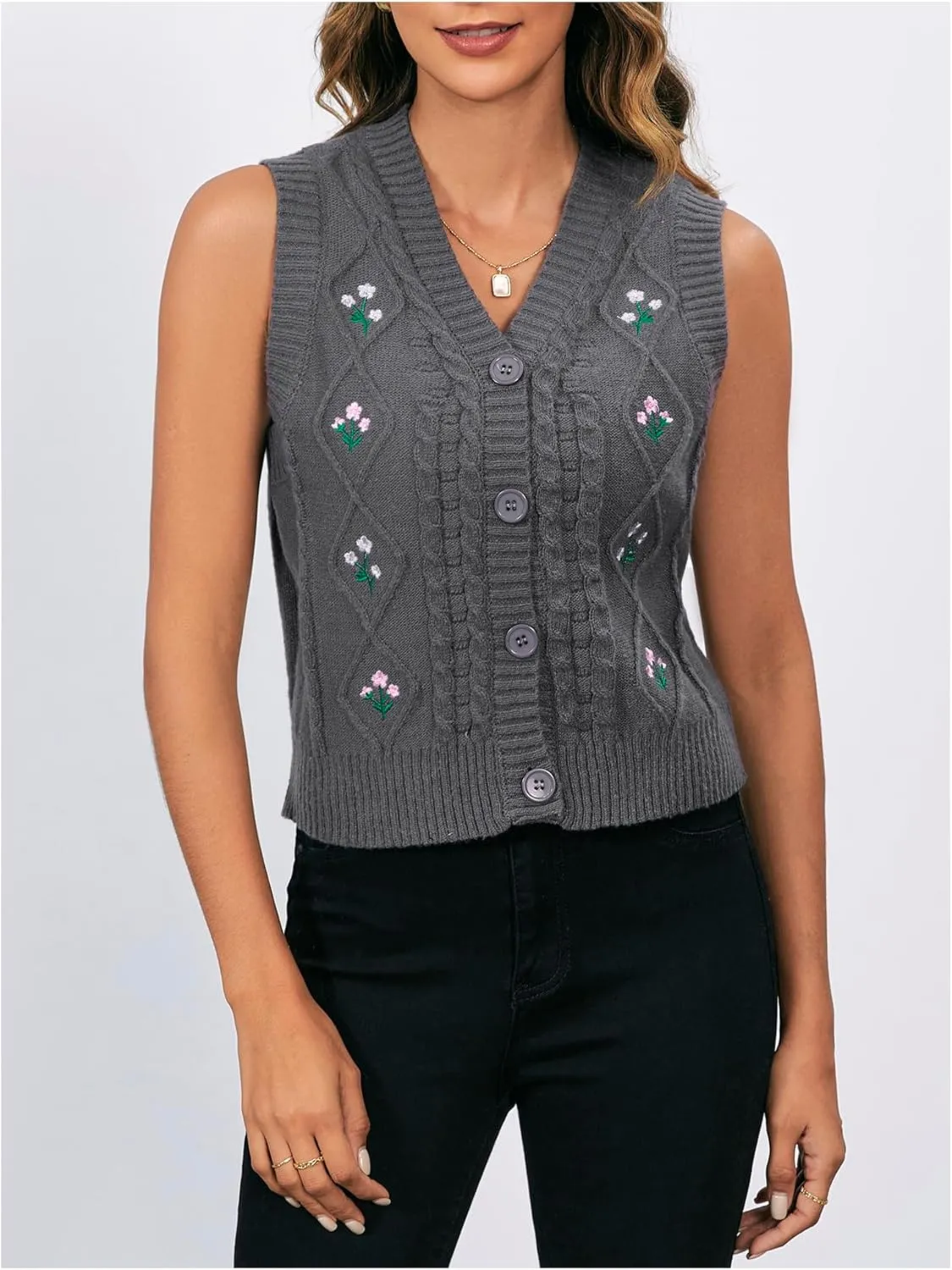 MakeMeChic Women's Floral Embroidery V Neck Button Down Cable Knit Sleeveless Crop Sweater Vest Top